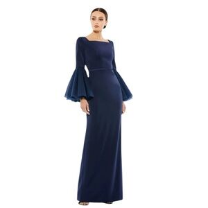 Leena for Mac Duggal - Navy Flounce Sleeve Square Neck Column Gown Sz 6